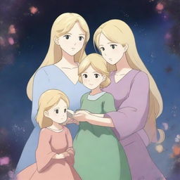 A Studio Ghibli style image of a blonde magical mother in a bright dress and her two daughters