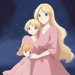 A Studio Ghibli style image of a blonde magical mother in a bright dress and her two daughters