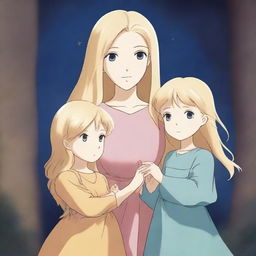 A Studio Ghibli style image of a blonde magical mother in a bright dress and her two daughters