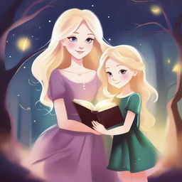 A digital art style image of a blonde magical mother in a bright dress and her two daughters