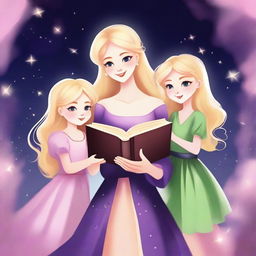 A digital art style image of a blonde magical mother in a bright dress and her two daughters