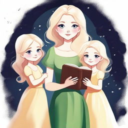 A digital art style image of a blonde magical mother in a bright dress and her two daughters