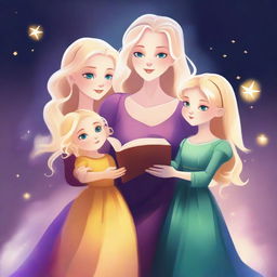 A digital art style image of a blonde magical mother in a bright dress and her two daughters