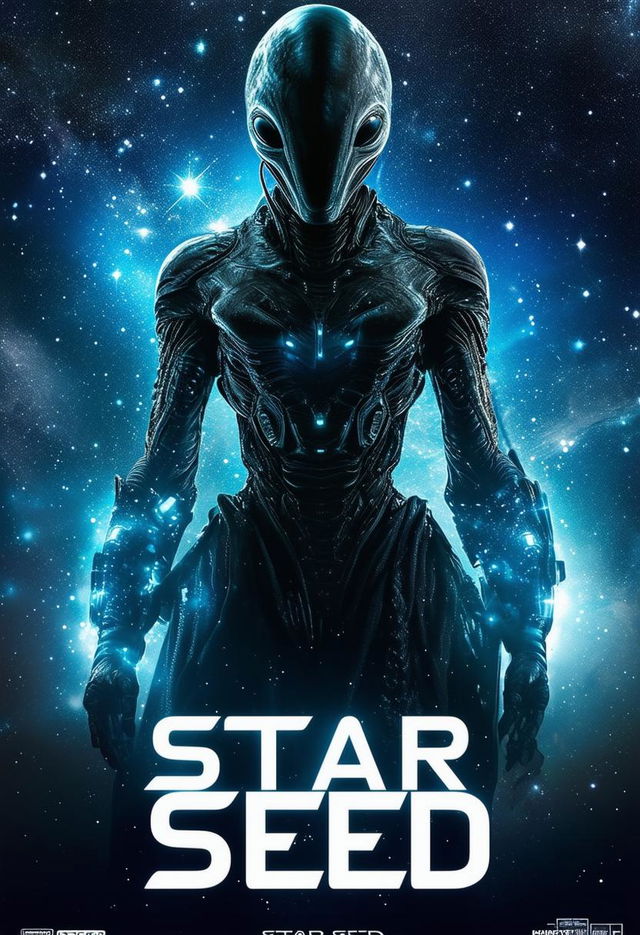 A high-definition movie poster for a science fiction film titled 'Star Seed', featuring an ethereal alien-human hybrid against a cosmic backdrop