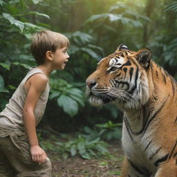 A brave young boy peacefully interacting with majestic tigers in a lush jungle