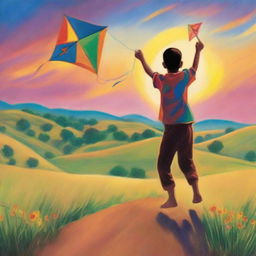 A young boy, filled with faith, flying a kite high into the sky