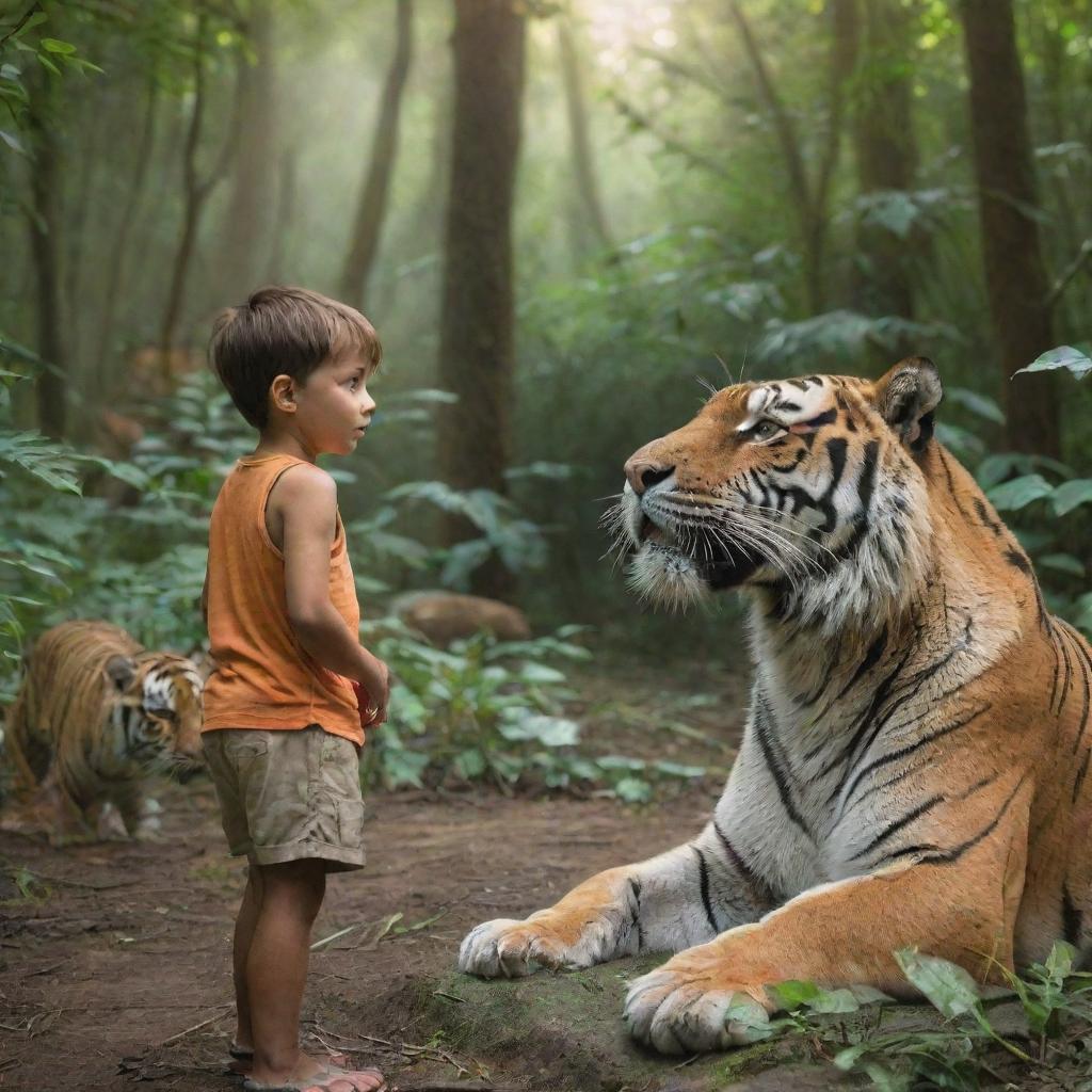 A brave young boy peacefully interacting with majestic tigers in a lush jungle