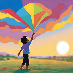 A young boy, filled with faith, flying a kite high into the sky