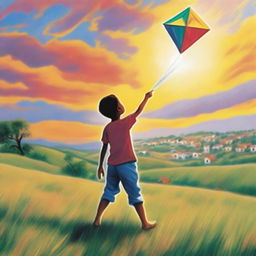 A young boy, filled with faith, flying a kite high into the sky