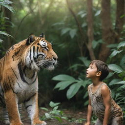 A brave young boy peacefully interacting with majestic tigers in a lush jungle