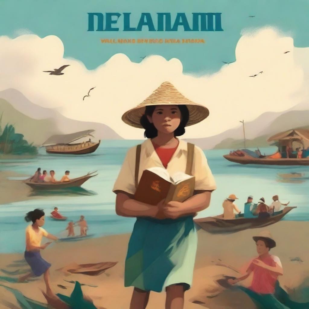 Design a book cover in the style of a painting for a story about the Filipino diaspora