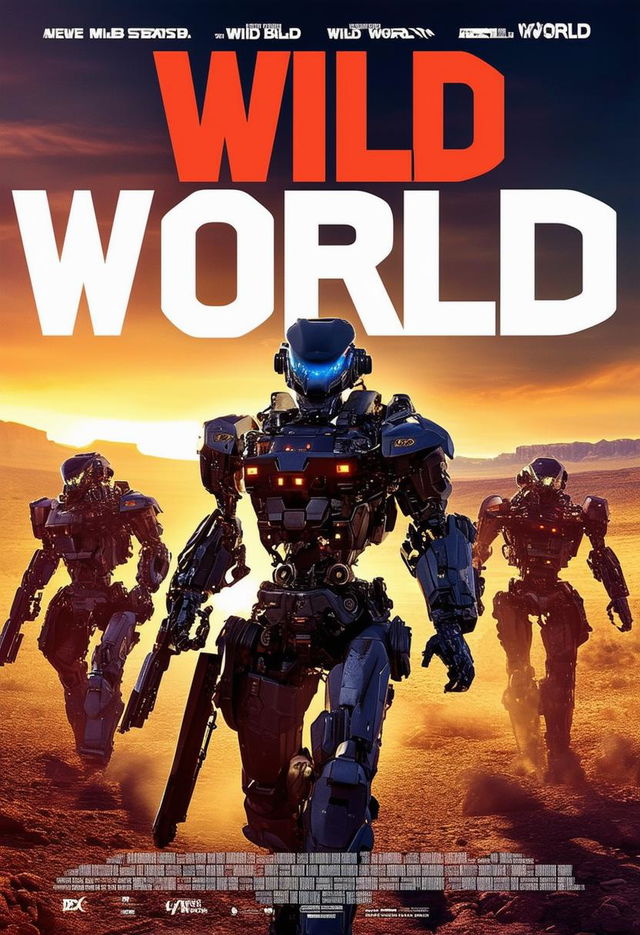 A high-definition movie poster for an action film titled 'Wild World', featuring robot humanoid cowboys in a futuristic wild west setting