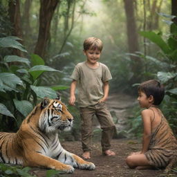 A brave young boy peacefully interacting with majestic tigers in a lush jungle