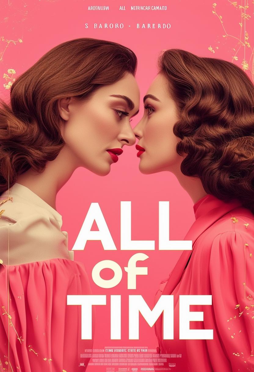 A high-definition movie poster for a romantic film titled 'All of Time', featuring two women in love in a Wes Anderson-inspired symmetrically arranged scene