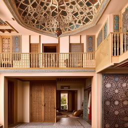 A beautiful, modern house inspired by traditional Iranian architecture, with intricate patterns and rich use of colors.