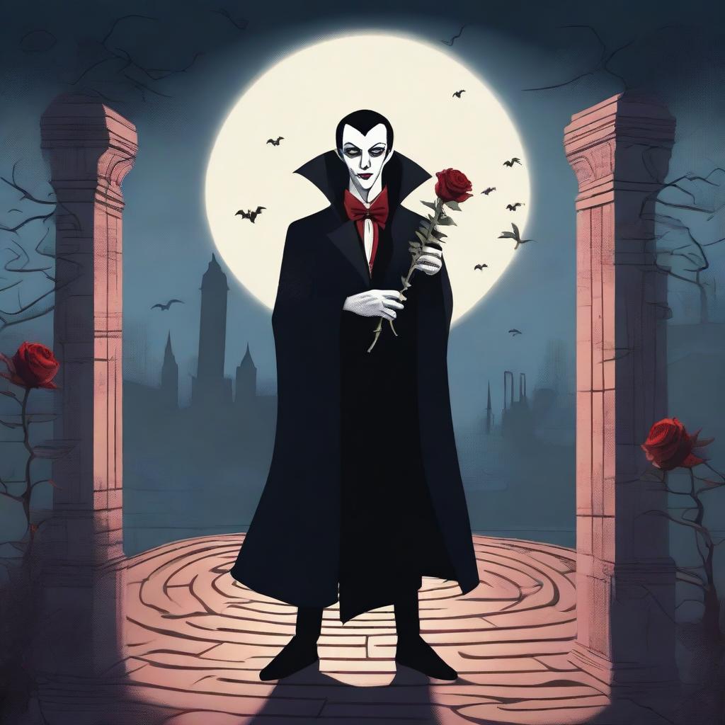 A high quality image of a vampire holding a rose under the moonlight