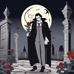 A high quality image of a vampire holding a rose under the moonlight