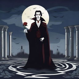 A high quality image of a vampire holding a rose under the moonlight