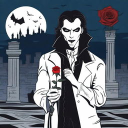 A high quality image of a vampire holding a rose under the moonlight