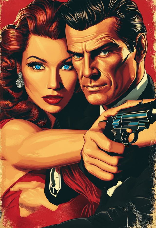 A vintage, high-definition book cover design featuring a light-skinned woman with blue eyes hugging a mafia boss who is holding a gun