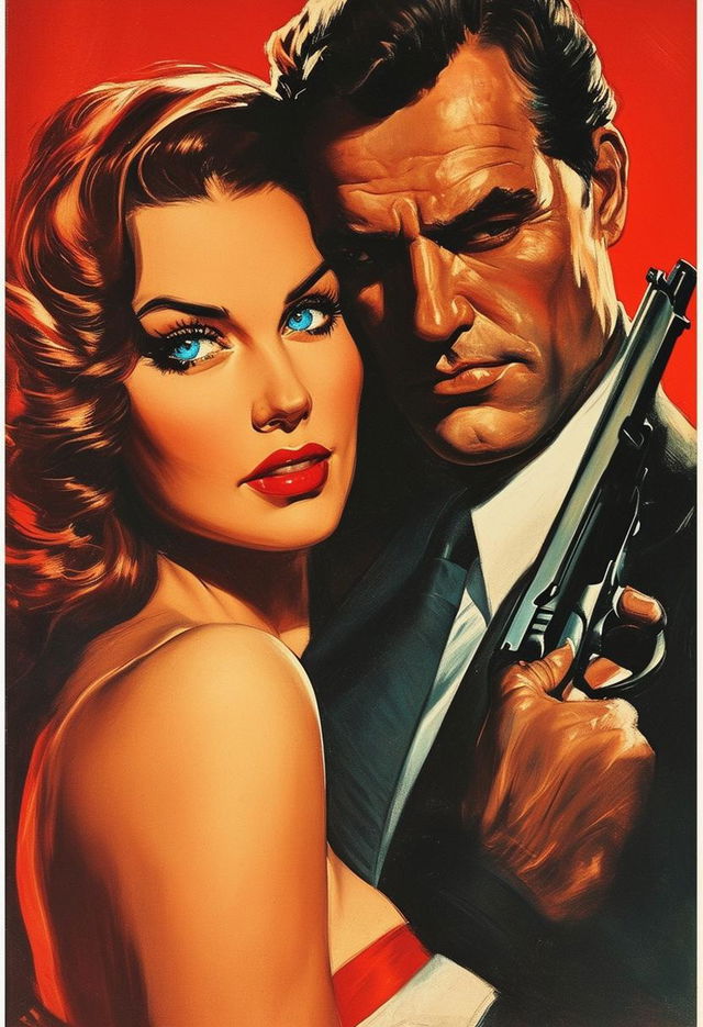 A vintage, high-definition book cover design featuring a distant light-skinned woman with blue eyes hugging a mafia boss who is holding a gun