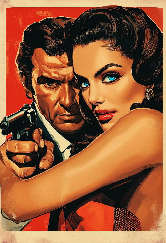 A vintage, high-definition book cover design featuring a distant Brazilian woman with blue eyes hugging a mafia boss who is holding a gun