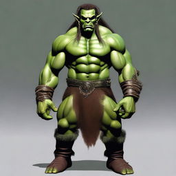 Generate a realistic image of a two-meter tall orc man with short side hair and long locks on top, ending in a band and combed forward