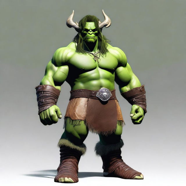 Generate a realistic image of a two-meter tall orc man with short side hair and long locks on top, ending in a band and combed forward