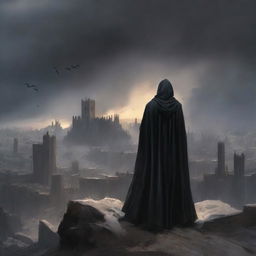 A man dressed in black clothes with a long worn mantle, standing on a hill overlooking a destroyed medieval city