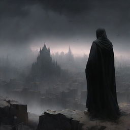 A man dressed in black clothes with a long worn mantle, standing on a hill overlooking a destroyed medieval city