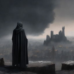 A man dressed in black clothes with a long worn mantle, standing on a hill overlooking a destroyed medieval city