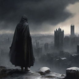 A man dressed in black clothes with a long worn mantle, standing on a hill overlooking a destroyed medieval city