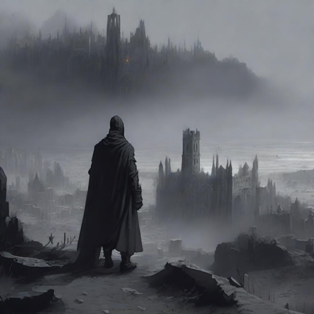 A man dressed in black clothes with a worn mantle, standing on a hill and observing a destroyed medieval city