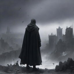 A man dressed in black clothes with a worn mantle, standing on a hill and observing a destroyed medieval city