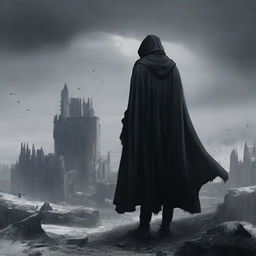 A man dressed in black clothes with a worn mantle, standing on a hill and observing a destroyed medieval city