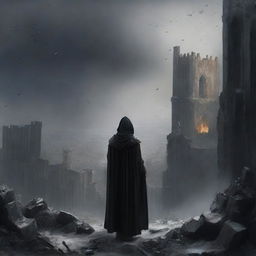 A man dressed in black clothes with a worn mantle, standing on a hill and observing a destroyed medieval city