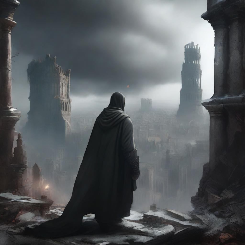 A man dressed in black clothes with a worn mantle, observing a destroyed medieval city, while ashes fall from the sky like snow