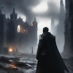 A man dressed in black clothes with a worn mantle, observing a destroyed medieval city, while ashes fall from the sky like snow