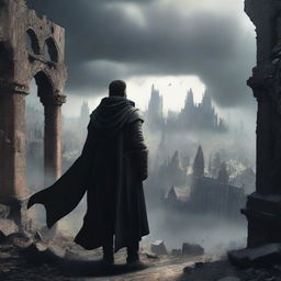 A man dressed in black clothes with a worn mantle, observing a destroyed medieval city, while ashes fall from the sky like snow