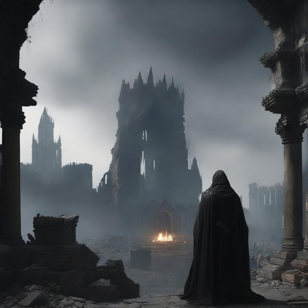 A man dressed in black clothes with a worn mantle, observing a destroyed medieval city, while ashes fall from the sky like snow