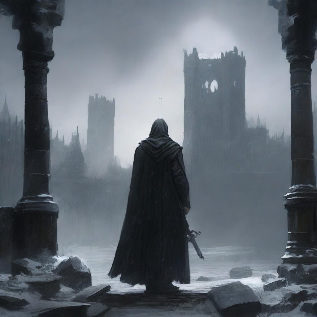 A man draped in black robes and a worn cloak stands in the distance, a sword firmly grasped in his right hand