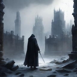 A man draped in black robes and a worn cloak stands in the distance, a sword firmly grasped in his right hand