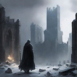 A man draped in black robes and a worn cloak stands in the distance, a sword firmly grasped in his right hand