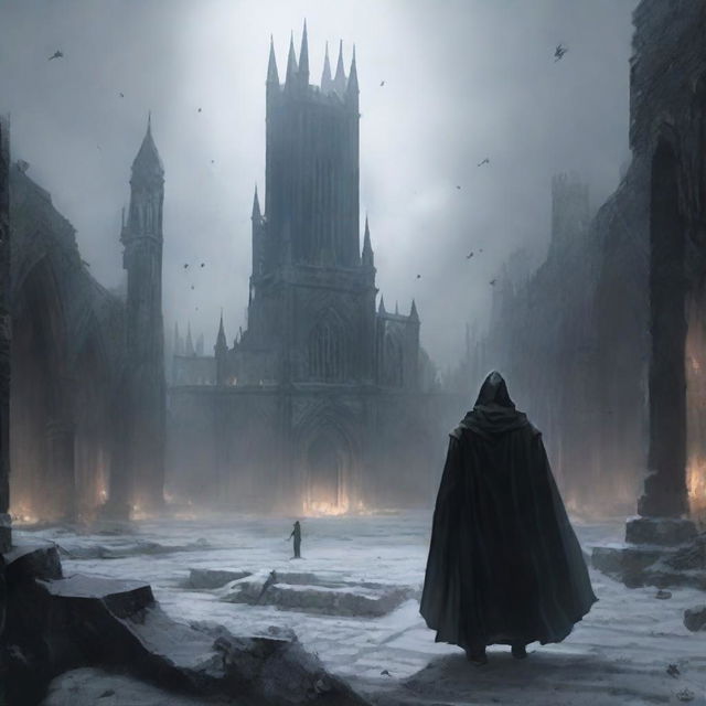 A man draped in black robes and a worn cloak stands in the distance, a sword firmly grasped in his right hand