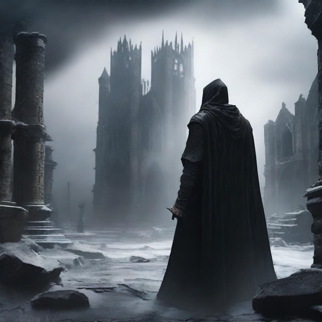 A man in black robes and a worn cloak, holding a sword in his right hand, observing from afar a destroyed medieval city, while black snow falls from the sky