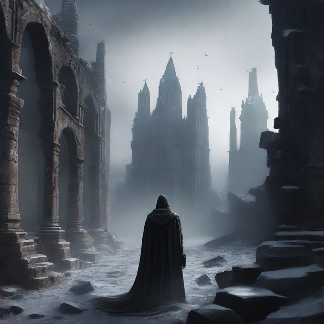 A man in black robes and a worn cloak, holding a sword in his right hand, observing from afar a destroyed medieval city, while black snow falls from the sky