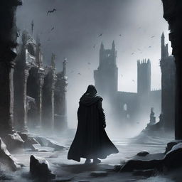 A man in black robes and a worn cloak, holding a sword in his right hand, observing from afar a destroyed medieval city, while black snow falls from the sky