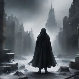 A man in black robes and a worn cloak, holding a sword in his right hand, observing from afar a destroyed medieval city, while black snow falls from the sky