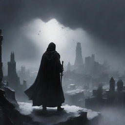 A panoramic view of a man in black robes and a worn cloak, holding a sword in his right hand, observing from afar a destroyed medieval city, while black snow falls from the sky