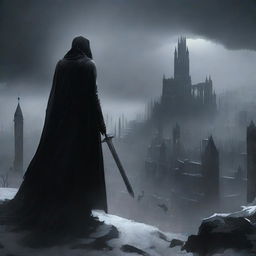 A panoramic view of a man in black robes and a worn cloak, holding a sword in his right hand, observing from afar a destroyed medieval city, while black snow falls from the sky